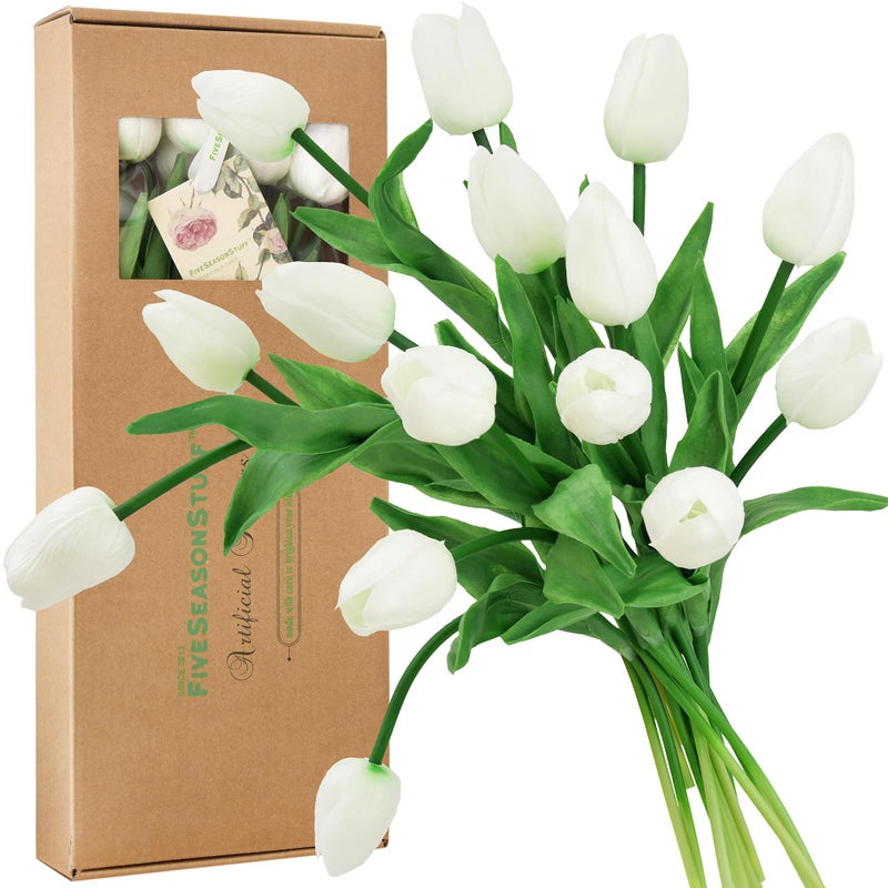 FiveSeasonStuff Real Touch Tulips Artificial Flowers â€“ 15 Stems Faux Tulip Bouquet in Gift Box for Wedding, Home Decor, Party, Floral Arrangements (Cheerful White) - Image 1